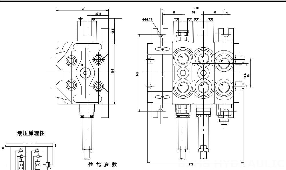 DCV60 软轴 3路 分片换向阀 drawing image