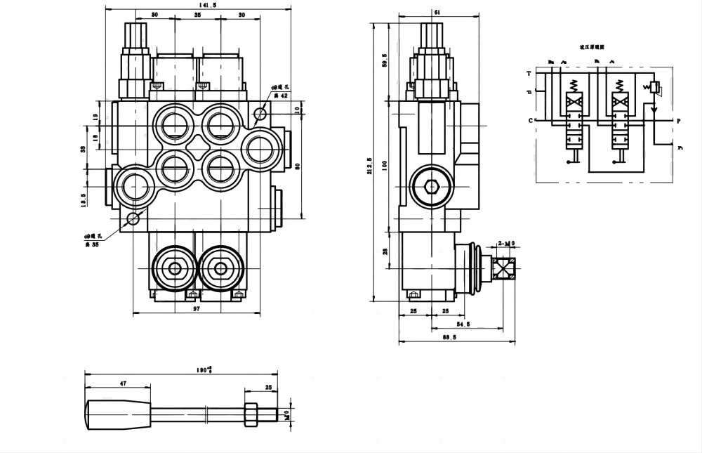 P40-G12-2OT 手控 2路 整体换向阀 drawing image