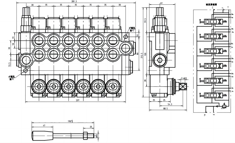 P40-U34 手控 6路 整体换向阀 drawing image