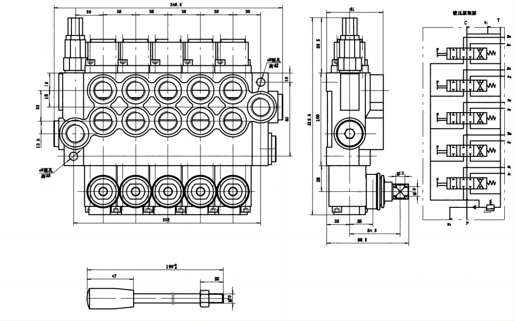 P40-G12-G38 手控 5路 整体换向阀 drawing image