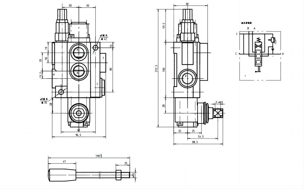 P40-OT 手控 1路 整体换向阀 drawing image