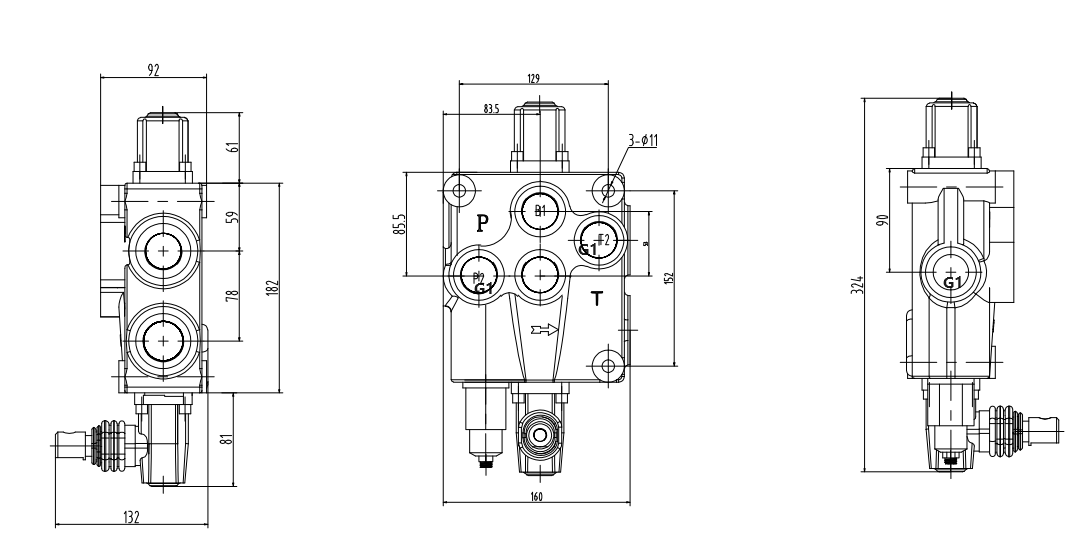 P120-G1 手控 1路 整体换向阀 drawing image