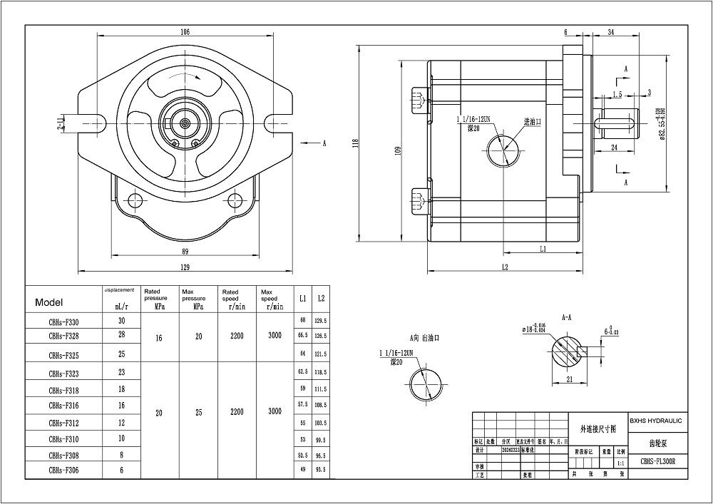 CBHS-FL-306 6 cc/rev 液压齿轮泵 drawing image