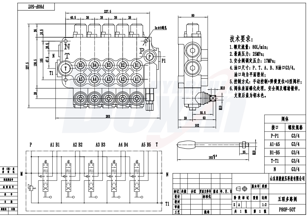P80F-G34-OT 手控 5 联 单块式方向阀 drawing image